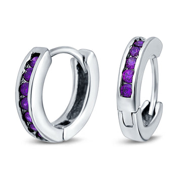 Eternity Huggie Hoop Earrings Channel Round Simulated Amethyst CZ 925 Sterling Silver